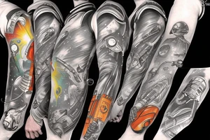 Sci fi pulp artstyle, spaceship, ray guns aliens, scene, full sleeve, full color, spaceman tattoo idea