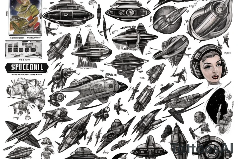 Sci fi pulp cover, artstyle, spaceship, ray guns aliens, scene, full sleeve, full color, spaceman tattoo idea
