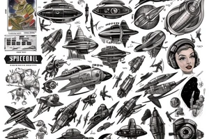 Sci fi pulp cover, artstyle, spaceship, ray guns aliens, scene, full sleeve, full color, spaceman tattoo idea