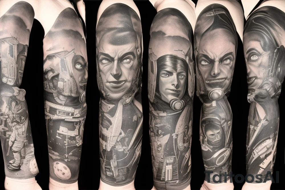 Sci fi pulp cover, artstyle, spaceship, ray guns aliens, scene, full sleeve, full color, spaceman tattoo idea