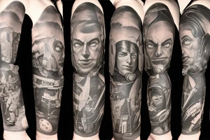 Sci fi pulp cover, artstyle, spaceship, ray guns aliens, scene, full sleeve, full color, spaceman tattoo idea