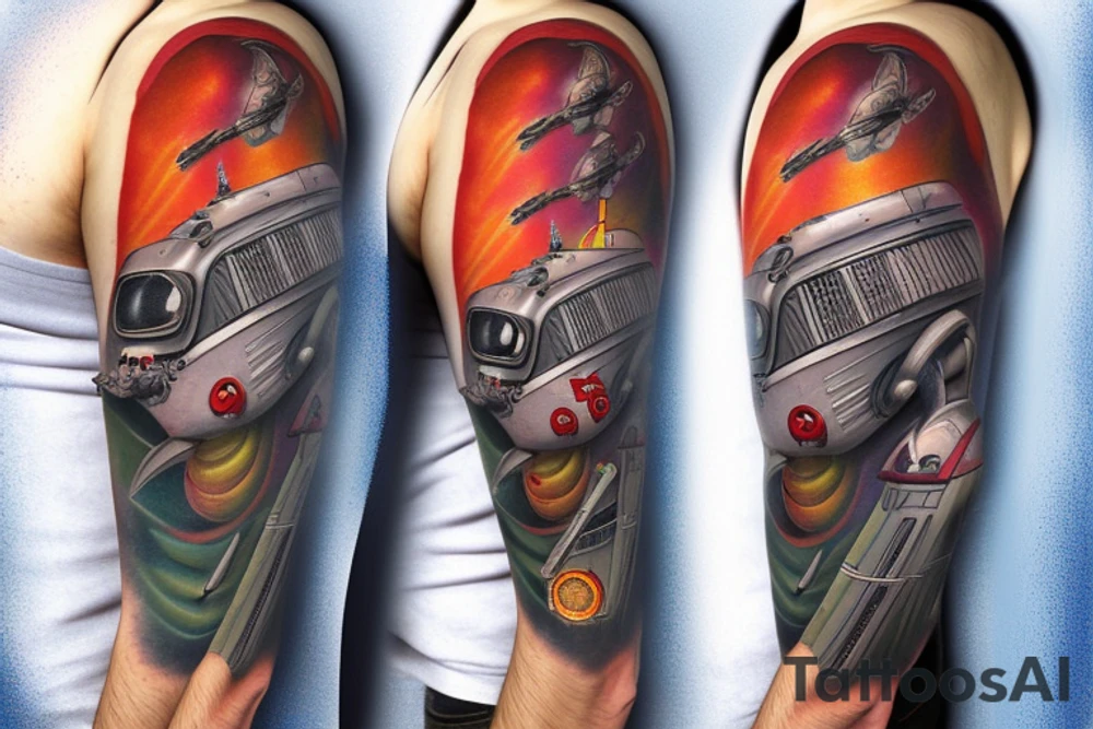 Sci fi pulp cover, artstyle, spaceship, ray guns aliens, scene, full sleeve, full color, spaceman tattoo idea