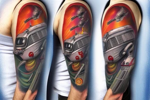 Sci fi pulp cover, artstyle, spaceship, ray guns aliens, scene, full sleeve, full color, spaceman tattoo idea