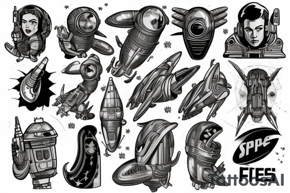 Sci fi pulp cover, artstyle, spaceship, ray guns aliens, scene, full sleeve, full color, spaceman tattoo idea