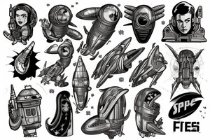 Sci fi pulp cover, artstyle, spaceship, ray guns aliens, scene, full sleeve, full color, spaceman tattoo idea