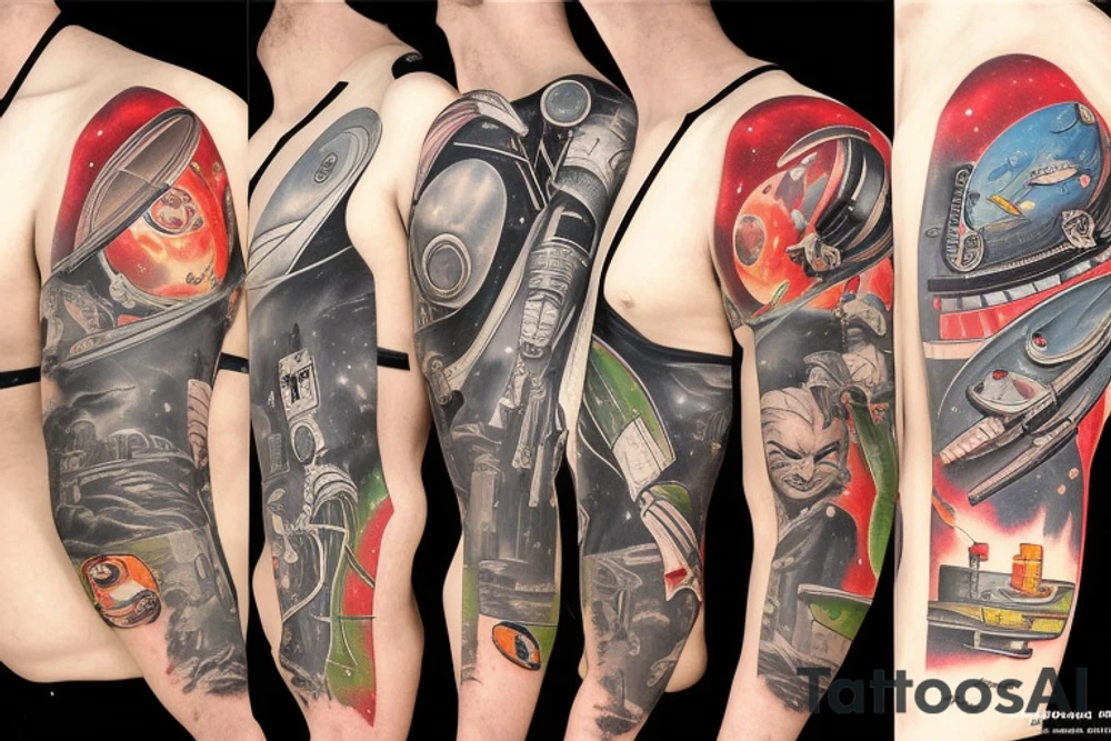 Sci fi pulp cover, artstyle, spaceship, ray guns aliens, scene, full sleeve, full color, spaceman, martian tattoo idea
