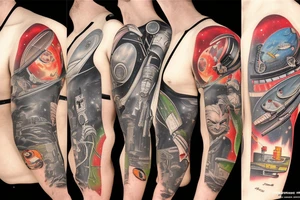 Sci fi pulp cover, artstyle, spaceship, ray guns aliens, scene, full sleeve, full color, spaceman, martian tattoo idea