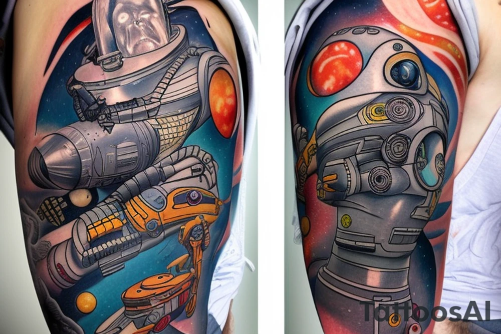 Sci fi pulp cover, artstyle, spaceship, ray guns aliens, scene, full sleeve, full color, spaceman, martian tattoo idea
