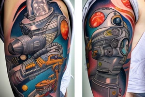 Sci fi pulp cover, artstyle, spaceship, ray guns aliens, scene, full sleeve, full color, spaceman, martian tattoo idea