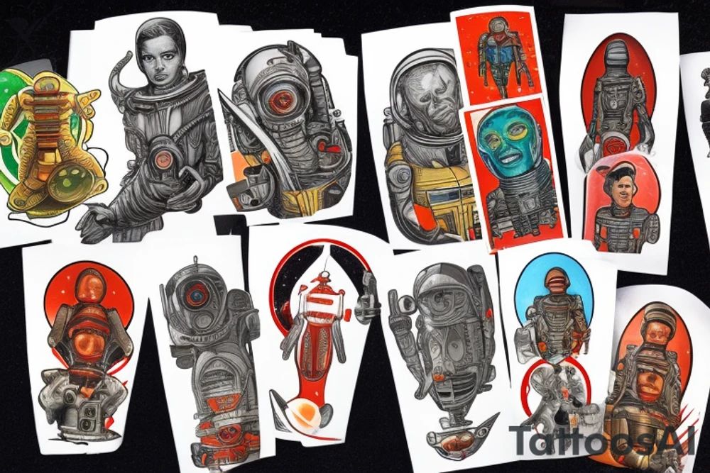 Sci fi pulp cover, artstyle, spaceship, ray guns aliens, scene, full sleeve, full color, spaceman, martian, mars attacks tattoo idea