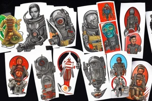 Sci fi pulp cover, artstyle, spaceship, ray guns aliens, scene, full sleeve, full color, spaceman, martian, mars attacks tattoo idea