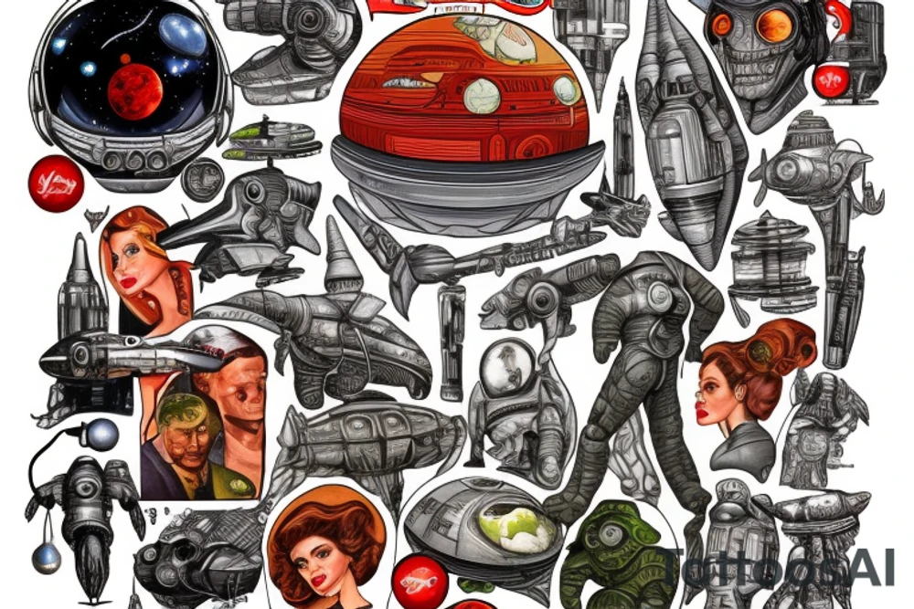 Sci fi pulp cover, artstyle, spaceship, ray guns aliens, scene, full sleeve, full color, spaceman, martian, mars attacks tattoo idea