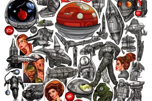 Sci fi pulp cover, artstyle, spaceship, ray guns aliens, scene, full sleeve, full color, spaceman, martian, mars attacks tattoo idea