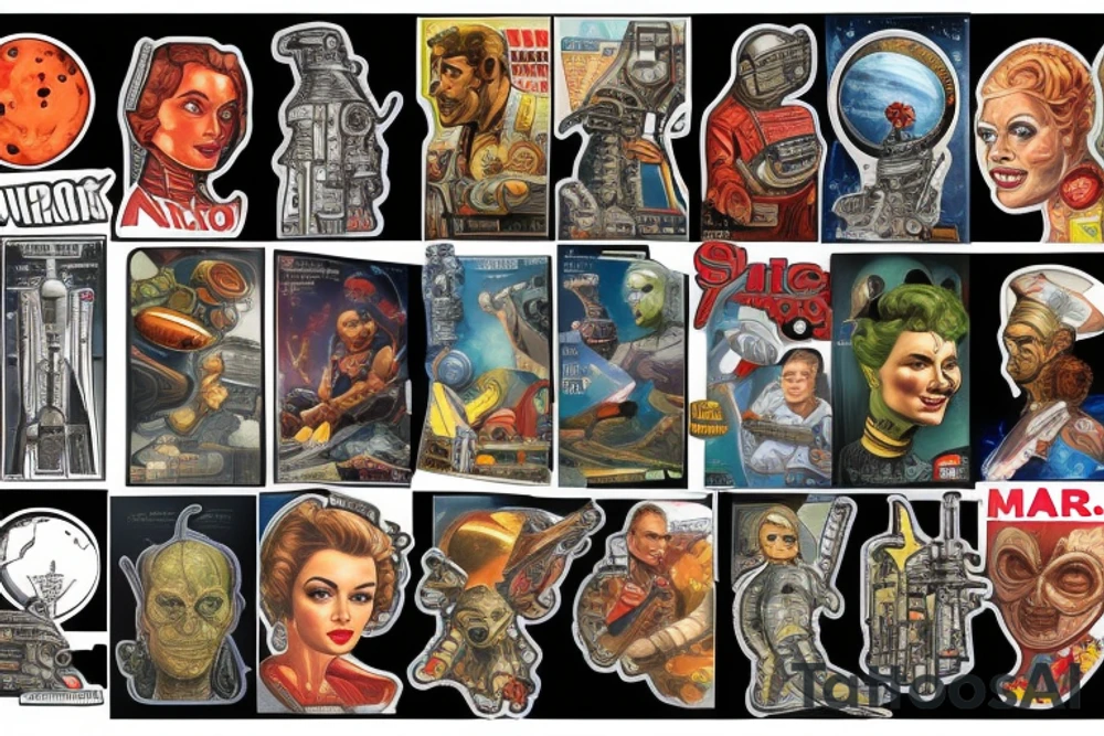 Sci fi pulp cover, artstyle, spaceship, ray guns aliens, scene, full sleeve, full color, spaceman, martian, mars attacks, battle tattoo idea