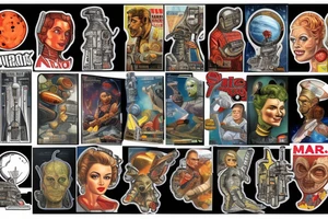Sci fi pulp cover, artstyle, spaceship, ray guns aliens, scene, full sleeve, full color, spaceman, martian, mars attacks, battle tattoo idea