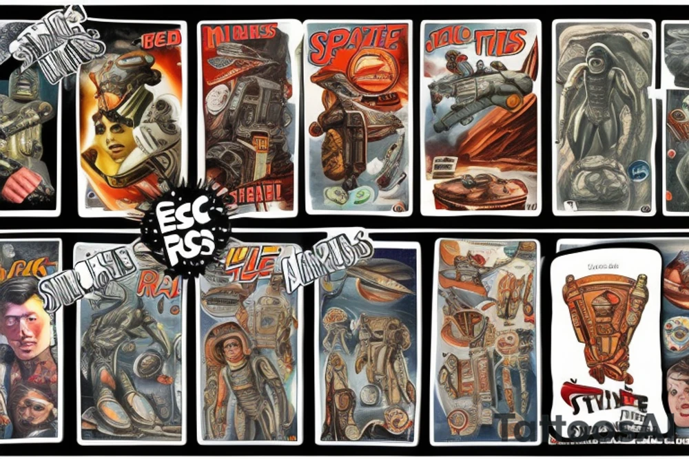 Sci fi pulp cover, artstyle, spaceship, ray guns aliens, scene, full sleeve, full color, spaceman, martian, mars attacks, battle tattoo idea