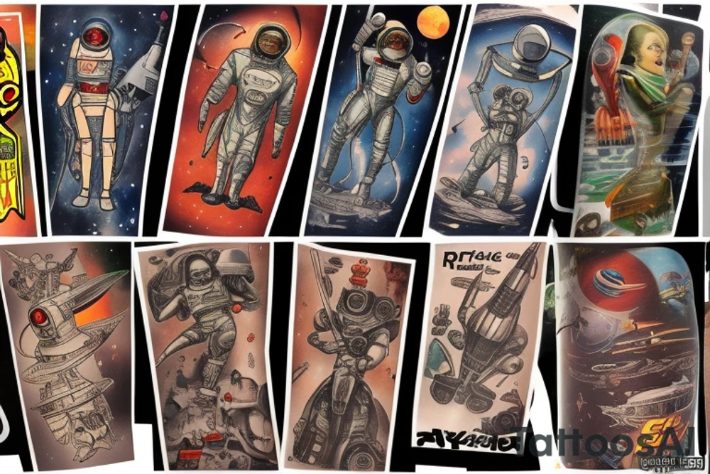 Sci fi pulp cover, artstyle, spaceship, ray guns aliens, scene, full sleeve, full color, spaceman, martian, mars attacks, battle tattoo idea