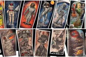 Sci fi pulp cover, artstyle, spaceship, ray guns aliens, scene, full sleeve, full color, spaceman, martian, mars attacks, battle tattoo idea