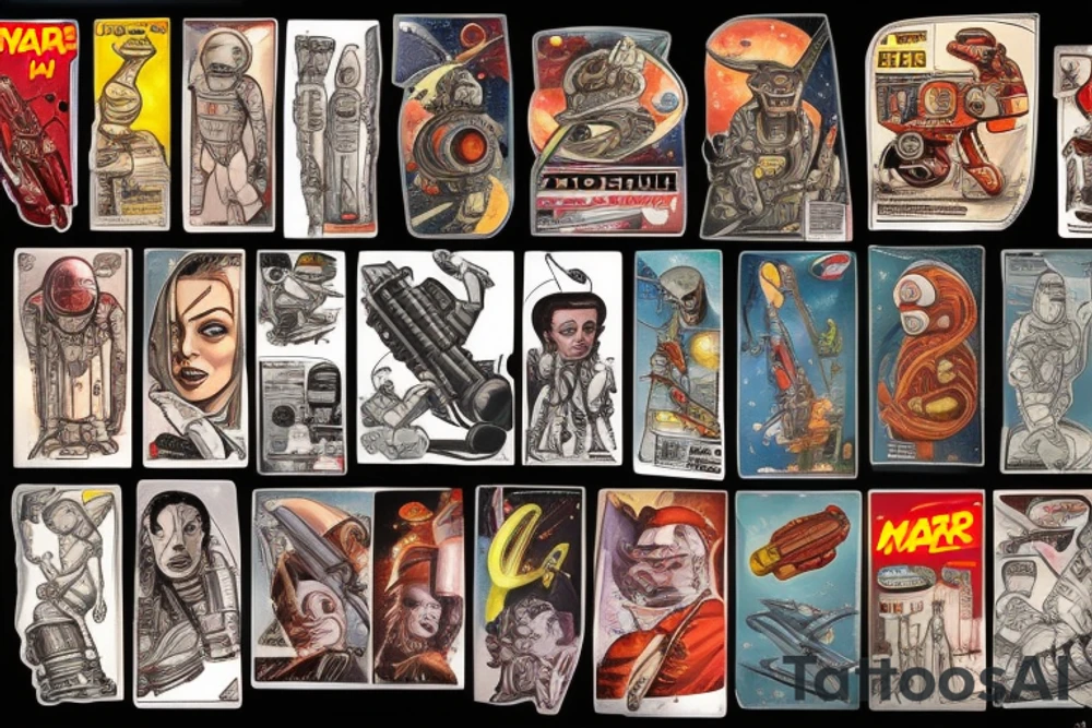 Sci fi pulp cover, artstyle, spaceship, ray guns aliens, scene, full sleeve, full color, spaceman, martian, mars attacks, battle tattoo idea