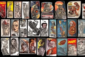 Sci fi pulp cover, artstyle, spaceship, ray guns aliens, scene, full sleeve, full color, spaceman, martian, mars attacks, battle tattoo idea