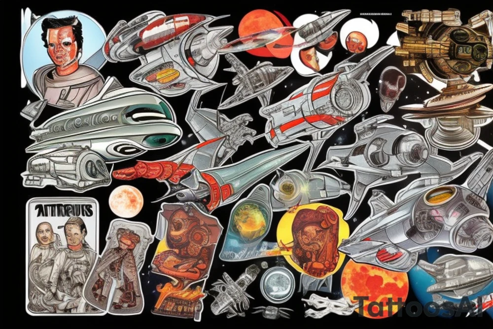 Sci fi pulp cover, artstyle, spaceship, ray guns aliens, scene, full sleeve, full color, spaceman, martian, mars attacks, battle tattoo idea