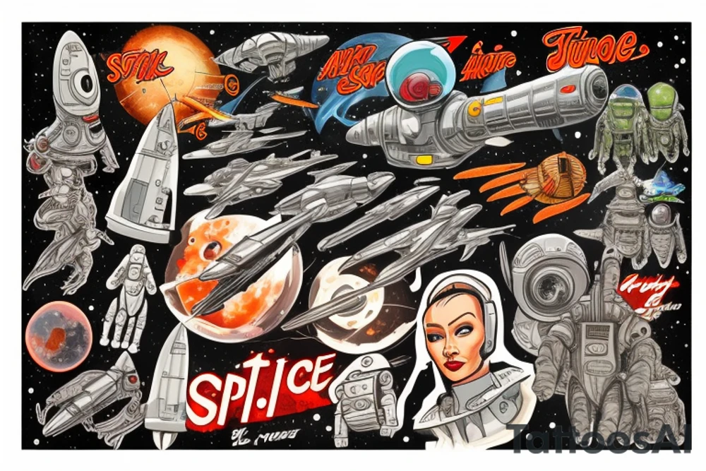 Sci fi pulp cover, artstyle, spaceship, ray guns aliens, scene, full sleeve, full color, spaceman, martian, mars attacks, battle tattoo idea