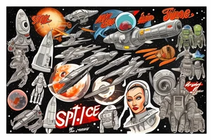 Sci fi pulp cover, artstyle, spaceship, ray guns aliens, scene, full sleeve, full color, spaceman, martian, mars attacks, battle tattoo idea