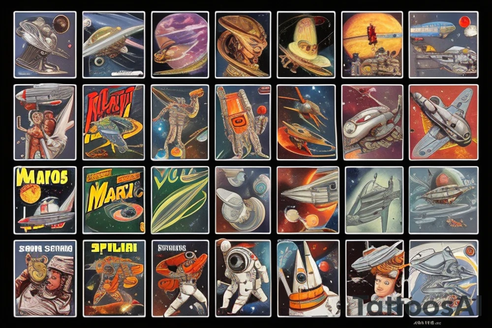 Sci fi pulp cover, artstyle, spaceship, ray guns aliens, scene, full sleeve, full color, spaceman, martian, mars attacks, battle, space tattoo idea