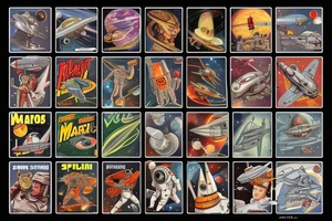 Sci fi pulp cover, artstyle, spaceship, ray guns aliens, scene, full sleeve, full color, spaceman, martian, mars attacks, battle, space tattoo idea