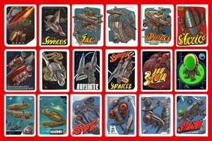 Sci fi pulp cover, artstyle, spaceship, ray guns aliens, scene, full sleeve, full color, spaceman, martian, mars attacks, battle, space tattoo idea