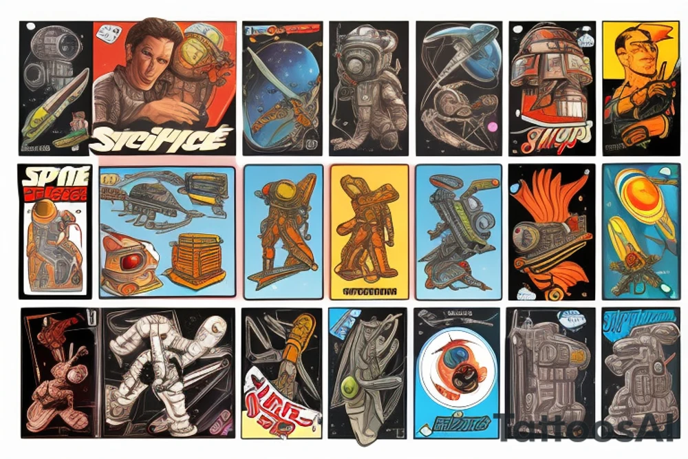 Sci fi pulp cover, artstyle, spaceship, ray guns aliens, scene, full sleeve, full color, spaceman, martian, mars attacks, battle, space, colorful tattoo idea