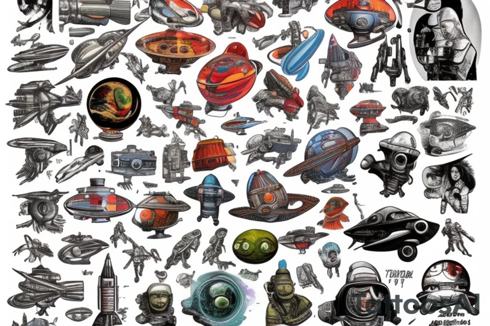 Sci fi pulp cover, artstyle, spaceship, ray guns aliens, scene, full sleeve, full color, spaceman, martian, mars attacks, battle, space, colorful tattoo idea