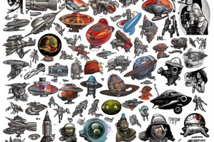 Sci fi pulp cover, artstyle, spaceship, ray guns aliens, scene, full sleeve, full color, spaceman, martian, mars attacks, battle, space, colorful tattoo idea
