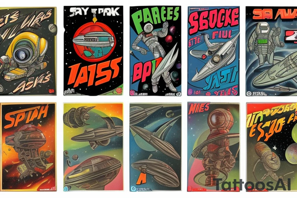Sci fi pulp cover, artstyle, spaceship, ray guns aliens, scene, full sleeve, full color, spaceman, martian, mars attacks, battle, space, colorful tattoo idea