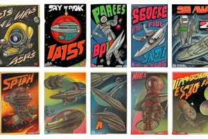 Sci fi pulp cover, artstyle, spaceship, ray guns aliens, scene, full sleeve, full color, spaceman, martian, mars attacks, battle, space, colorful tattoo idea