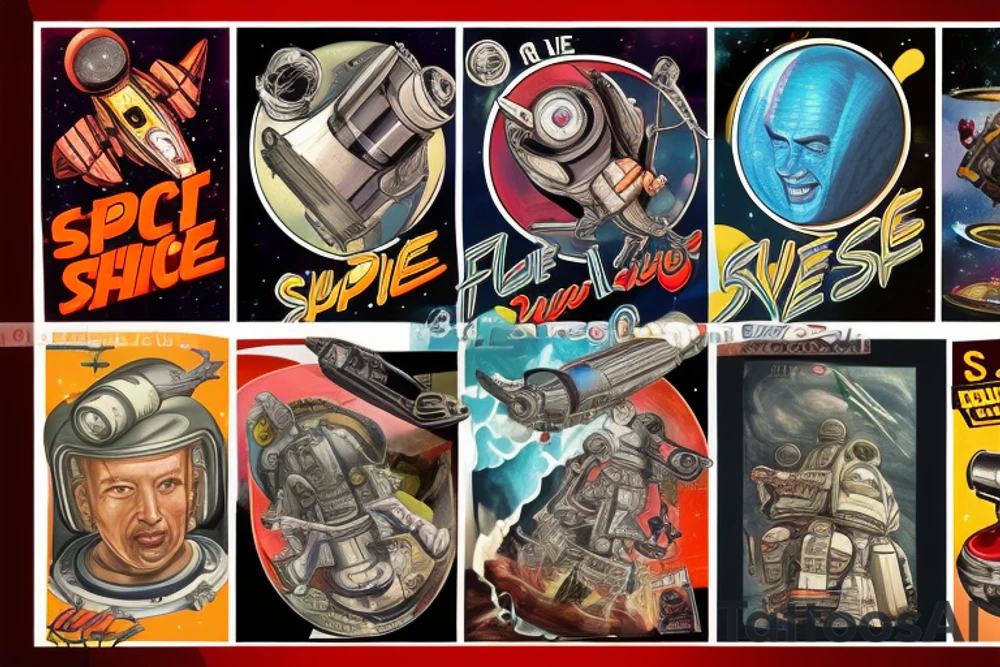 Sci fi pulp cover, artstyle, spaceship, ray guns aliens, scene, full sleeve, full color, spaceman, martian, mars attacks, battle, space, colorful tattoo idea