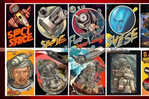 Sci fi pulp cover, artstyle, spaceship, ray guns aliens, scene, full sleeve, full color, spaceman, martian, mars attacks, battle, space, colorful tattoo idea