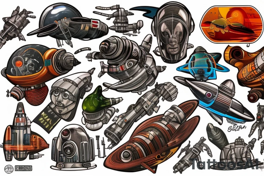 Sci-fi pulp cover, art style, spaceship, ray guns aliens, scene, full sleeve, full color, spaceman, martian, mars attacks, battle, space, colorful tattoo idea