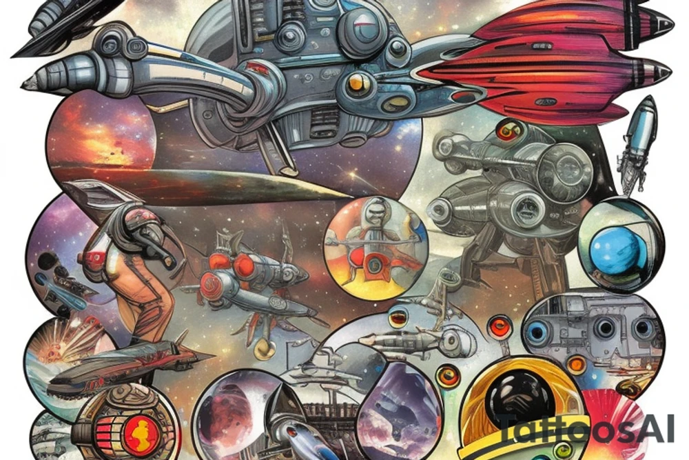 Sci-fi pulp cover, art style, spaceship, ray guns aliens, scene, full sleeve, full color, spaceman, martian, mars attacks, battle, space, colorful tattoo idea