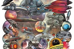 Sci-fi pulp cover, art style, spaceship, ray guns aliens, scene, full sleeve, full color, spaceman, martian, mars attacks, battle, space, colorful tattoo idea