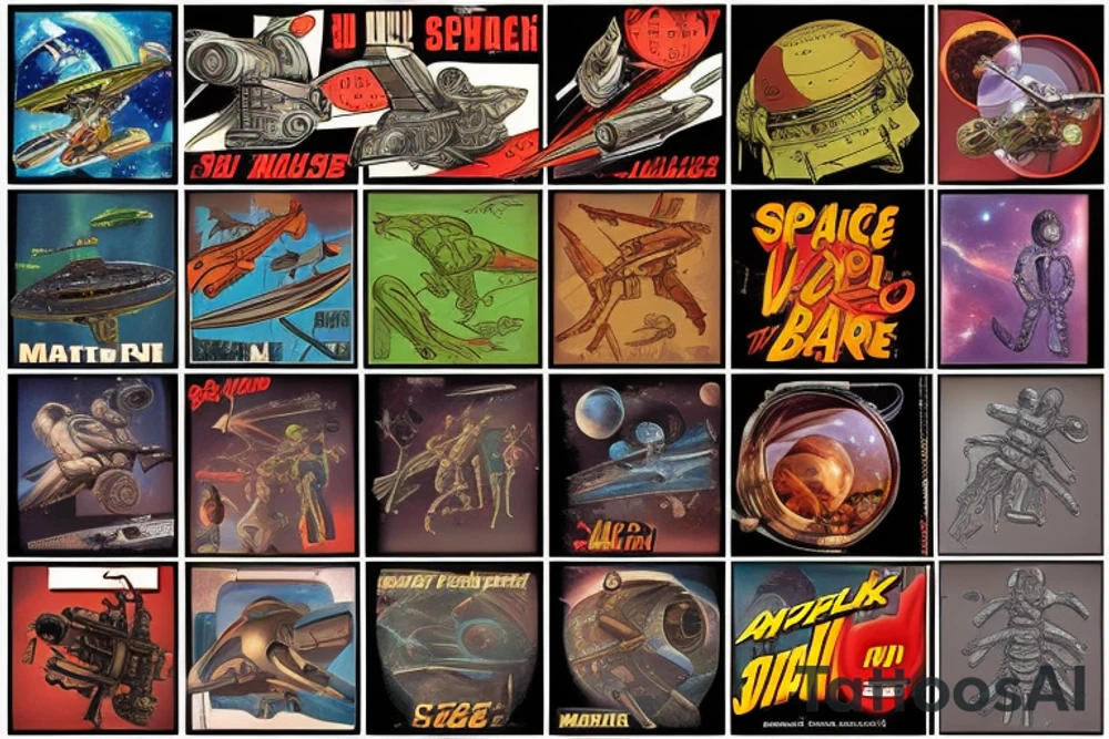 Sci-fi pulp cover art style, ray guns, aliens, scene, full sleeve, full color, spaceman, martian, mars attacks, battle, space, colorful tattoo idea