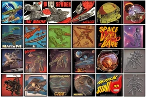 Sci-fi pulp cover art style, ray guns, aliens, scene, full sleeve, full color, spaceman, martian, mars attacks, battle, space, colorful tattoo idea