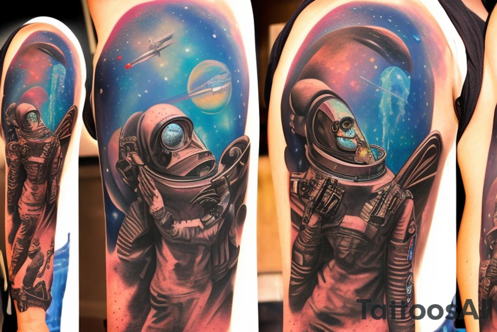 Sci-fi pulp cover art style, ray guns, aliens, scene, full sleeve, full color, spaceman, martian, mars attacks, battle, space, colorful tattoo idea