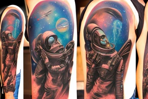 Sci-fi pulp cover art style, ray guns, aliens, scene, full sleeve, full color, spaceman, martian, mars attacks, battle, space, colorful tattoo idea