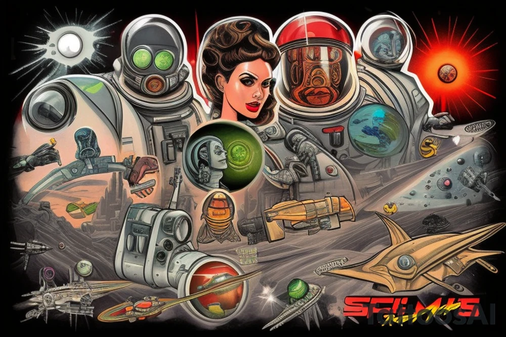 Sci-fi pulp cover art style, ray guns, aliens, scene, full sleeve, full color, spaceman, martian, mars attacks, battle, space, colorful tattoo idea