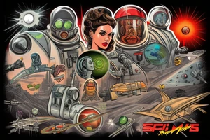 Sci-fi pulp cover art style, ray guns, aliens, scene, full sleeve, full color, spaceman, martian, mars attacks, battle, space, colorful tattoo idea