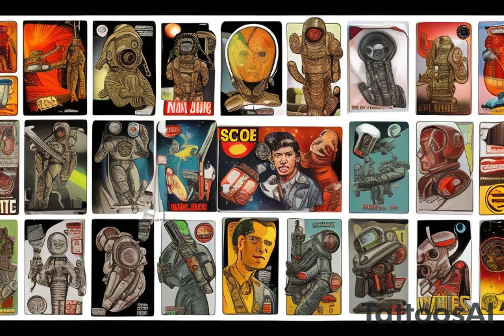 Sci-fi pulp cover art style, ray guns, aliens, scene, full sleeve, full color, spaceman, martian, mars attacks, battle, space, colorful tattoo idea