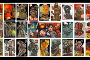 Sci-fi pulp cover art style, ray guns, aliens, scene, full sleeve, full color, spaceman, martian, mars attacks, battle, space, colorful tattoo idea