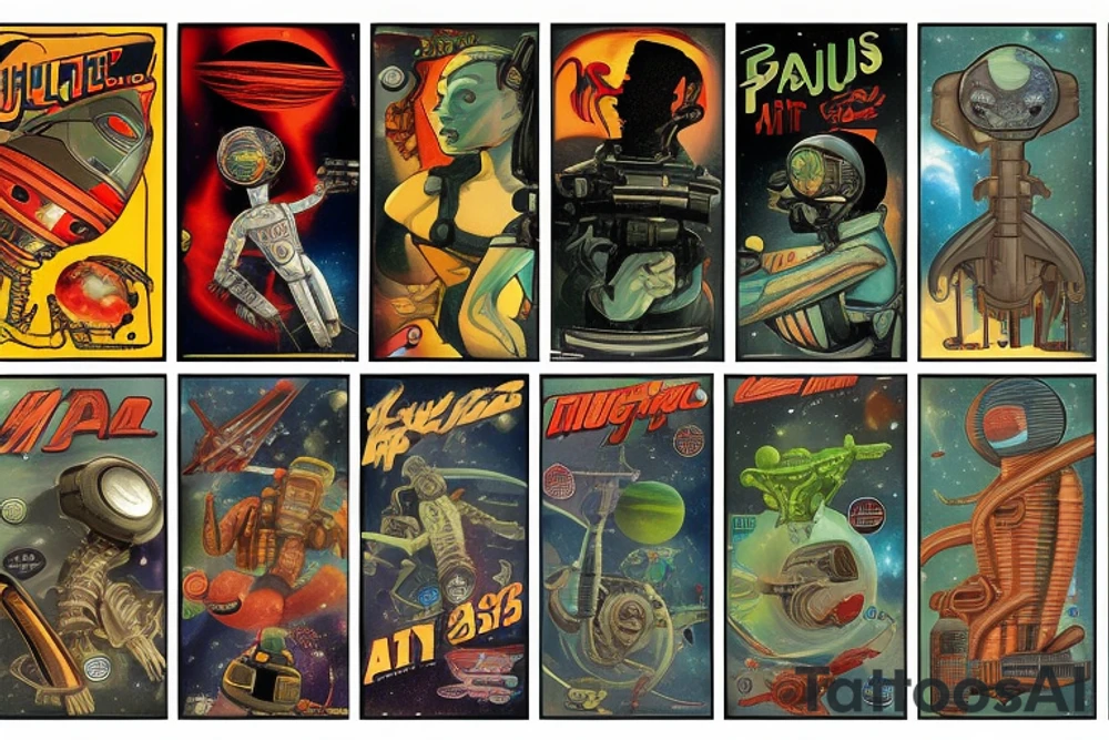 Sci-fi pulp cover art style, ray guns, aliens, scene, full sleeve, full color, spaceman, martian, mars attacks, battle, space, colorful tattoo idea