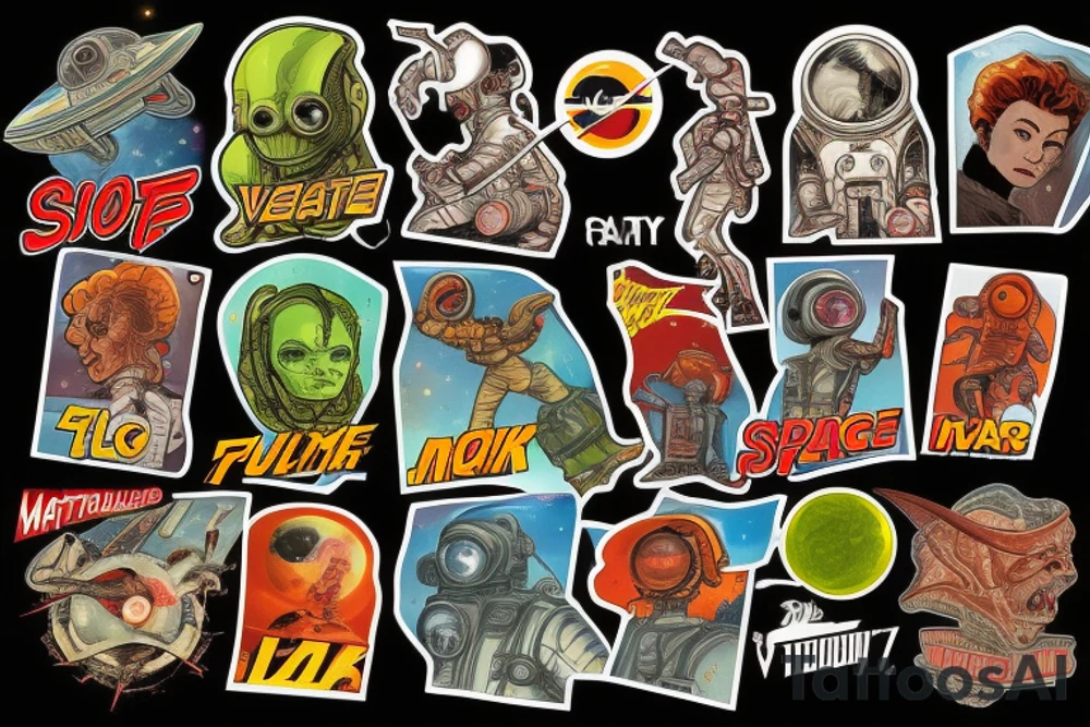 Sci-fi pulp cover art style, ray guns, aliens, scene, full sleeve, full color, spaceman, martian, mars attacks, battle, space, colorful tattoo idea